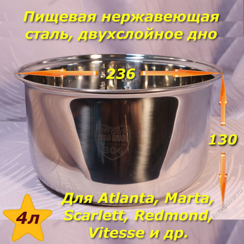 Чаша из нержавеющей стали для мультиварок на 4 литра Midea Triangle 4D