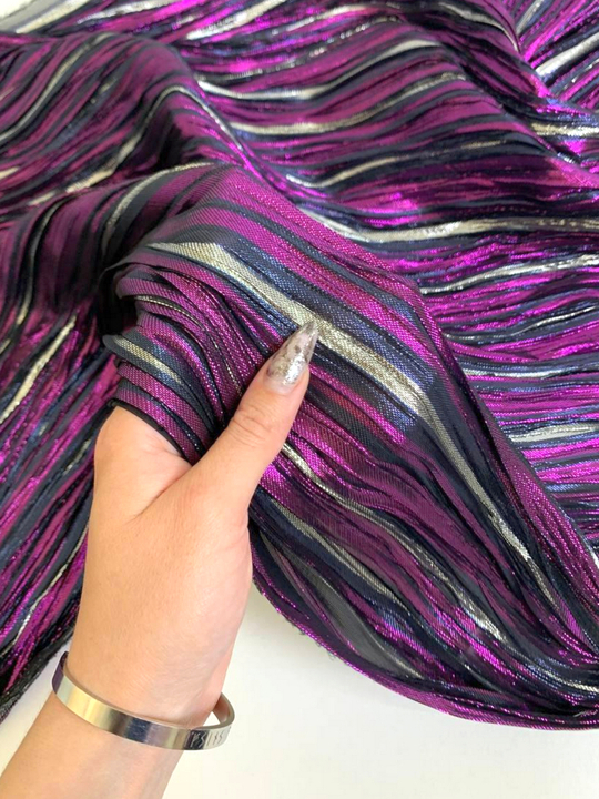 Плательная шелк принт полоска черный/фуксия, люрекс, жатка