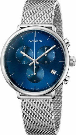 Наручные часы Calvin Klein High Noon K8M2712N, кварцевый хронограф, стальной корпус и браслет, синий циферблат.