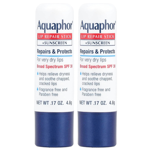 Aquaphor, Стик для восстановления губ + солнцезащитный крем, SPF 30, без отдушек, 2 стика по 4,8 г (0,17 унции)
