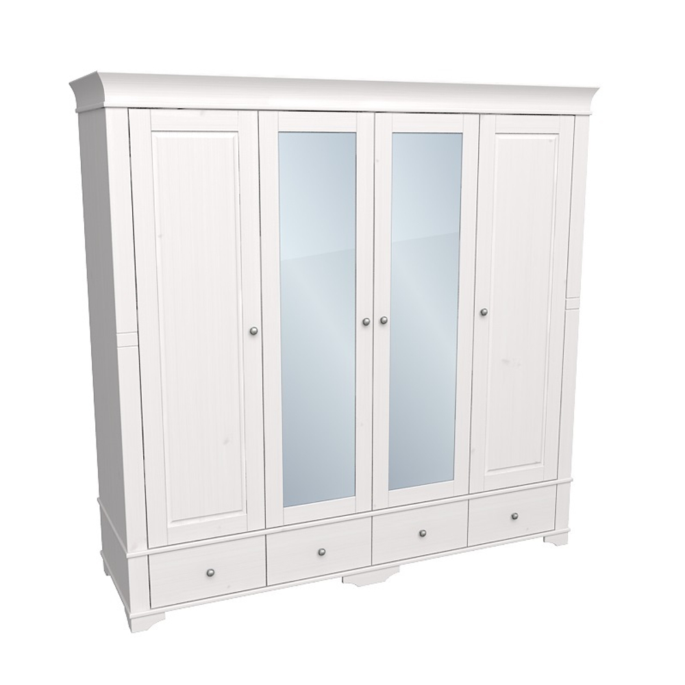 Шкаф 4х дверный «Бейли» с 2-мя глухими и 2-мя зеркальными дверями белый воск