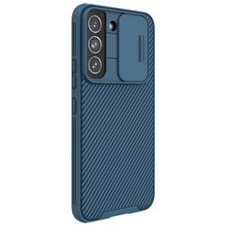 Чехол синего цвета усиленный для смартфона Samsung Galaxy S22 от Nillkin, серия CamShield Pro Case, с сдвижной крышкой для камеры