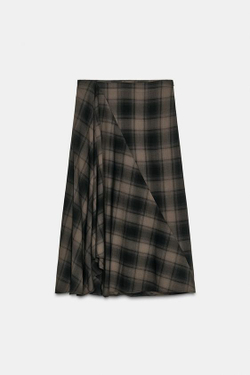 ZARA ЮБКА МИДИ В КЛЕТКУ, ЧЕРНЫЙ/КОРИЧНЕВЫЙ