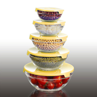 Набор стеклянных салатников 5 предметов с пластиковыми крышками, желтый