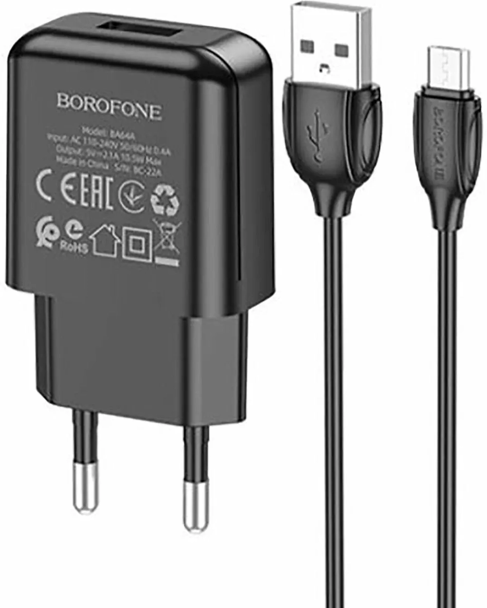 Зарядное сетевое с кабелем MicroUSB 1-метр 2.1А BOROFONE BA64A