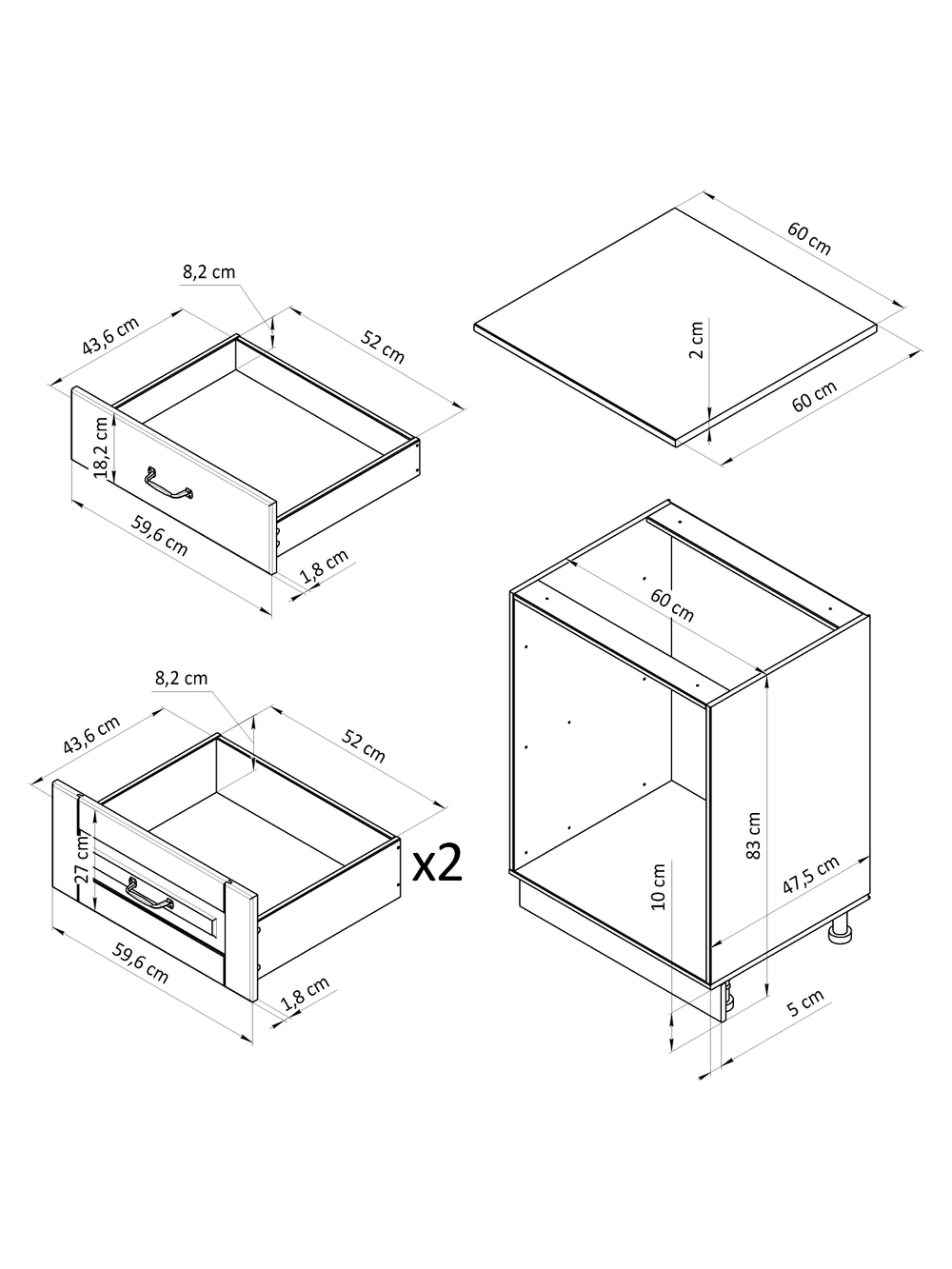 Кухонный модуль 60 см Венесуэла с 3 ящиками, со столешницей, массив сосны, белый воск
