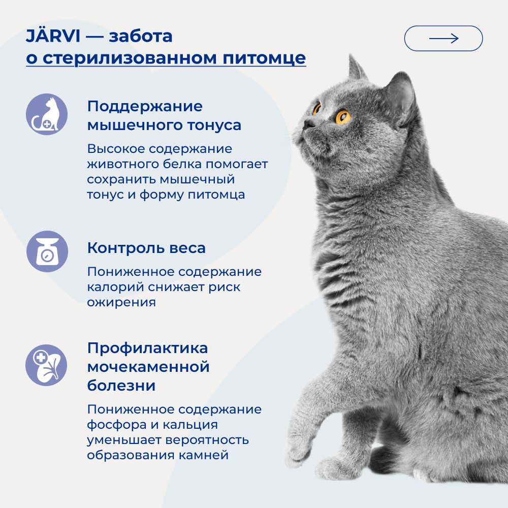 Сухой корм Jarvi для стерилизованных кошек и кастрированных котов, индейка