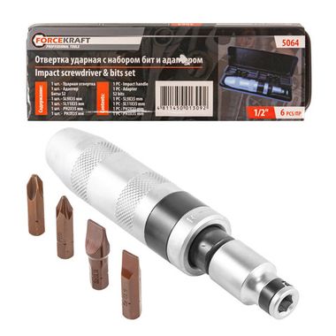 Отвертка ударная с набором бит и адаптером, 6пр 1/2''(F)х5/16''(F) (PH2,3х36мм, SL9,11х36мм) в метал. кейсе FORCEKRAFT FK-5064