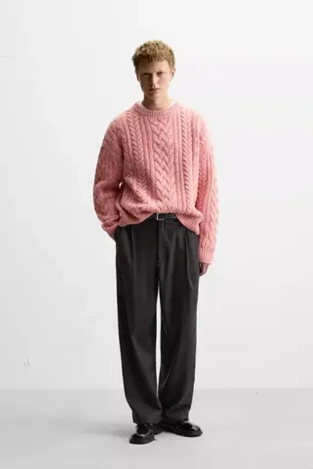 ZARA ШЕРСТЯНОЙ СВИТЕР С УЗОРОМ «КОСЫ», РОЗОВЫЙ