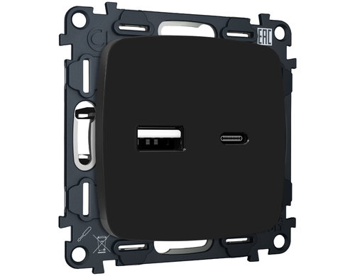 MO811010 Комплект механизма розетки OMEGA Черный матовый 2USB A+C 20W (быстрая зарядка) QUANT (OP8110, VM177)