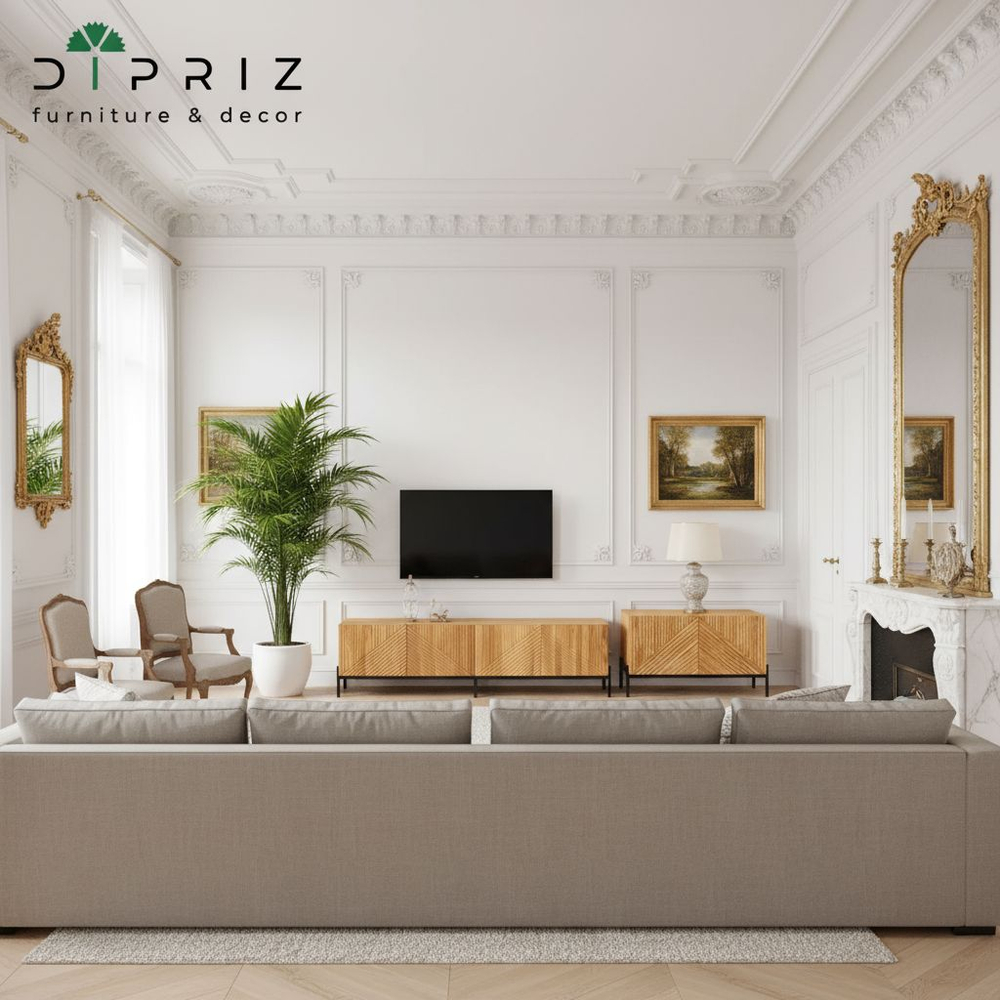 Тумба под телевизор, 180х42х51, Грувс, напольная, для прихожей и спальни, деревянная, с резными дубовыми фасадами, дуб, Dipriz