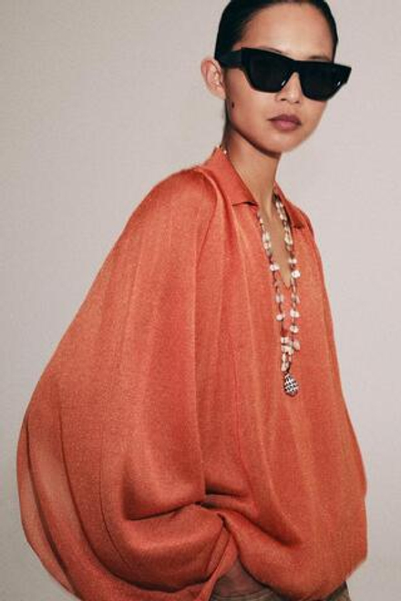ZARA ТРИКОТАЖНЫЙ ТОП С ВОРОТНИКОМ ПОЛО, ОРАНЖЕВЫЙ