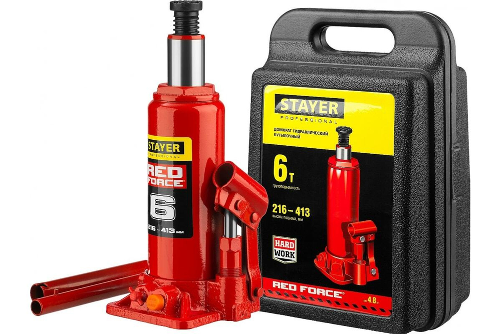 Гидравлический бутылочный домкрат STAYER RED FORCE, 6т, 216-413 мм, в кейсе, 43160-6-K 43160-6-K_z01