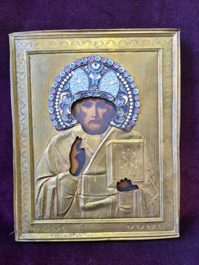 Икона "Николай Чудотворец", латунь, эмалевый венец