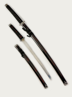 Набор самурайских мечей (катана и вакизаси) на подставке, ножны бордово-черный мрамор, цуба серебро