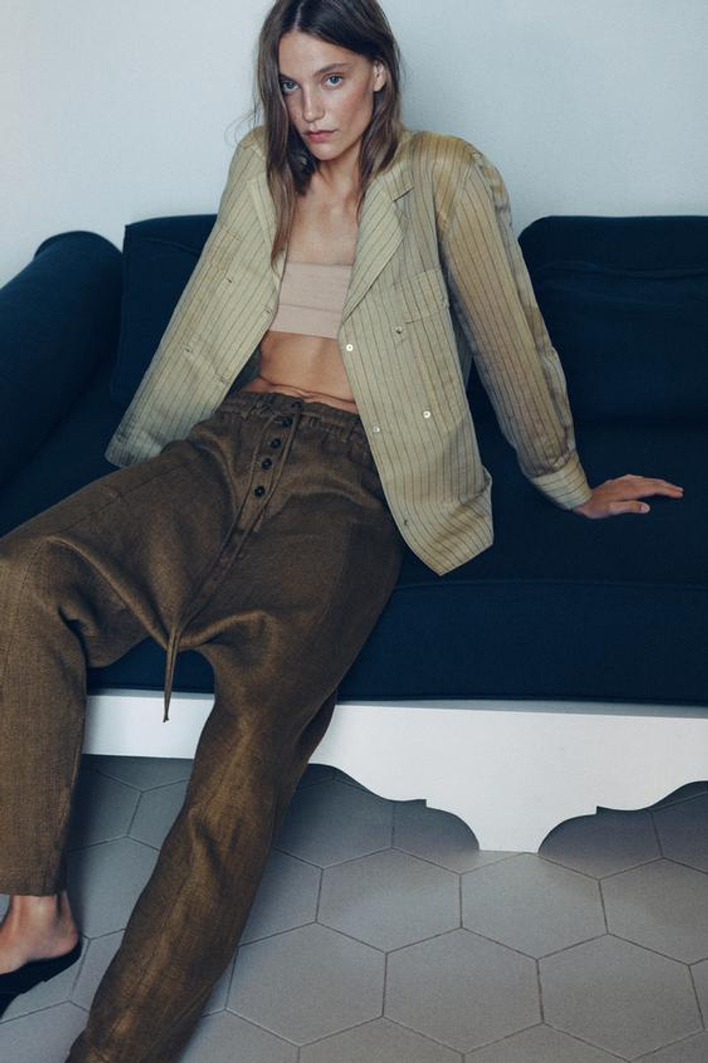 ZARA БРЮКИ BAGGY ИЗ СМЕСОВОГО ЛЬНА, КОРИЧНЕВЫЙ