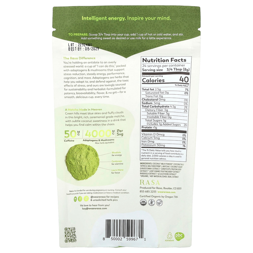 Rasa, Матча с адаптогенами и грибами, растворимый, со вкусом матча, 192 г (6,77 унции)