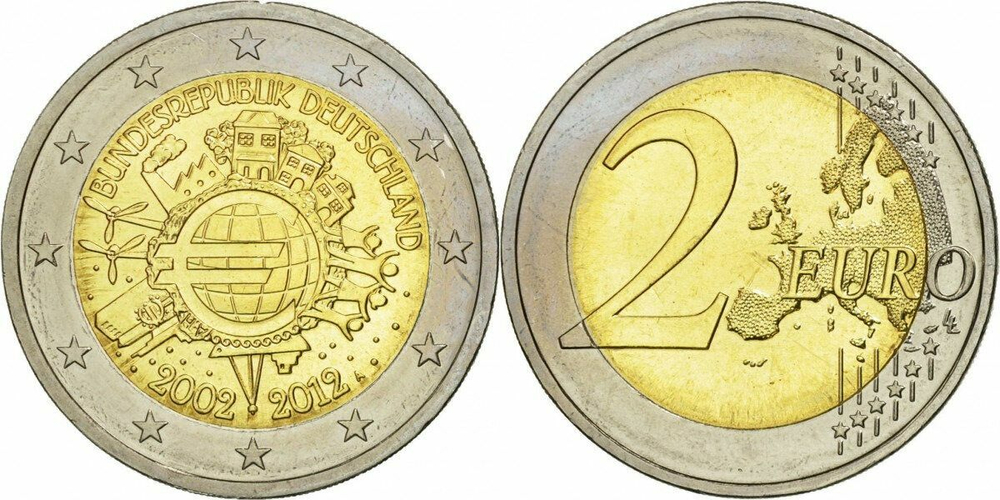 Германия 2 евро, 2012 10 лет наличными XF
