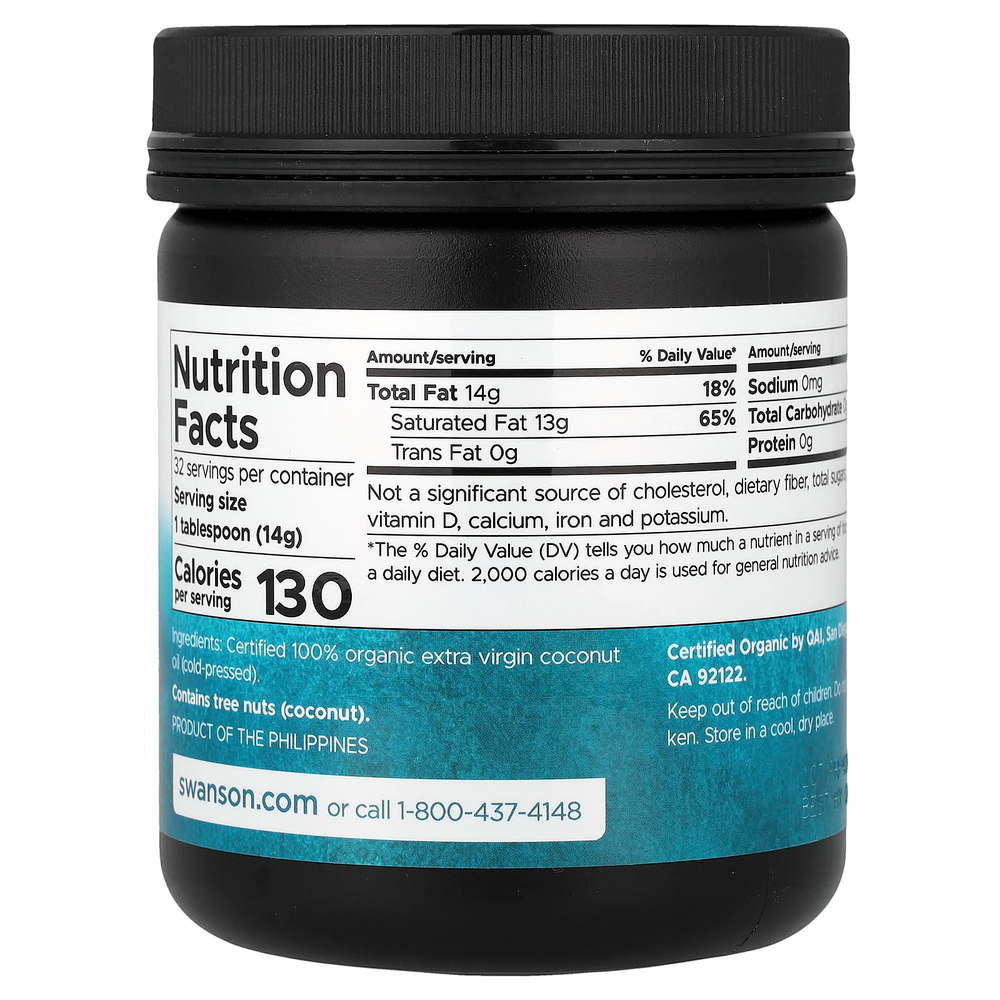 Swanson, органическое нерафинированное кокосовое масло высшего качества, холодный отжим, 454 г (16 унций)