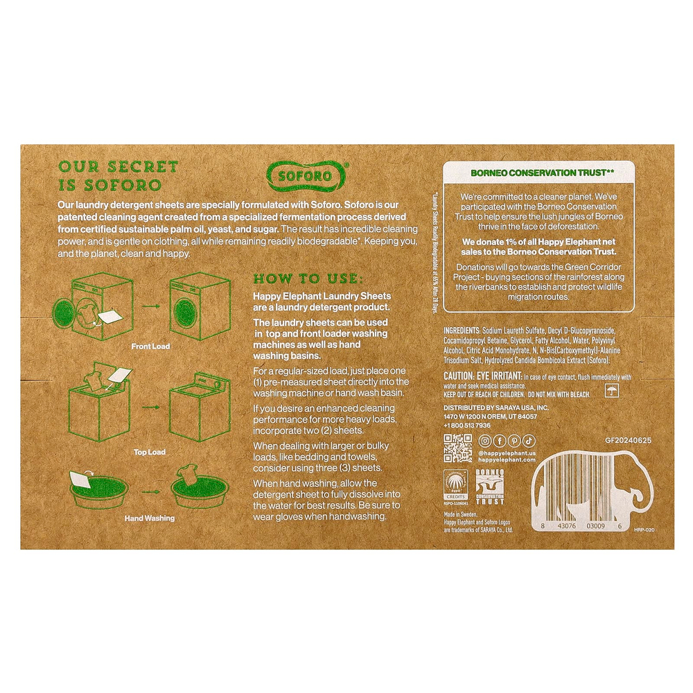 Happy Elephant, Белье для стирки, без отдушек, 30 листов, 80 г (2,82 унции)