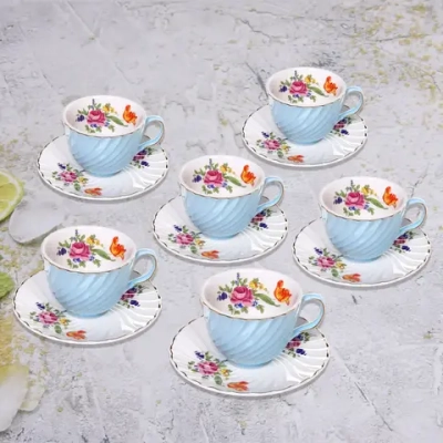 Чайный набор 12 предметов «Цветочная фантазия» (6кружек 200мл+6блюдец), голубой