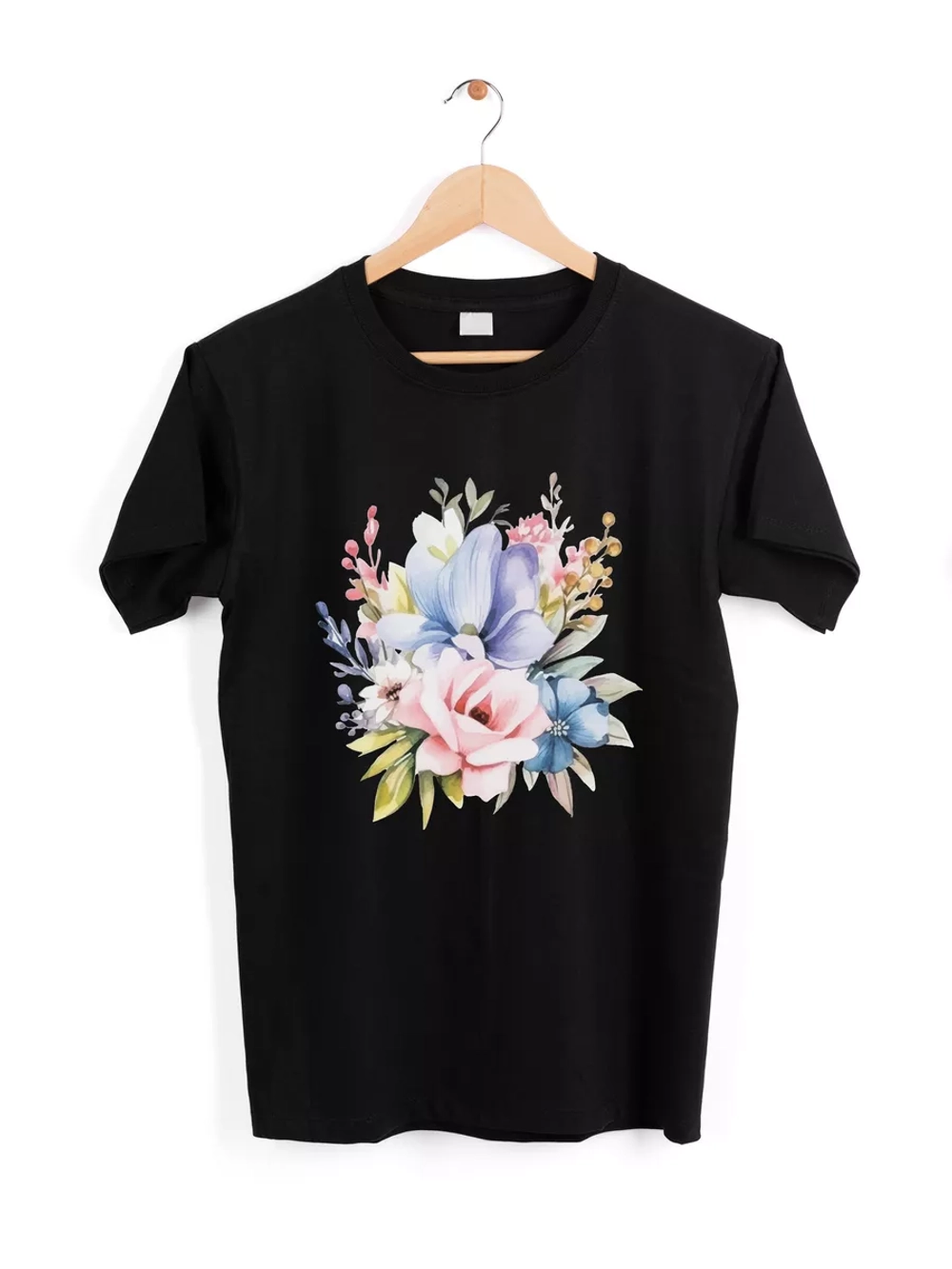 Футболка праздничная летняя черная оверсайз с цветами