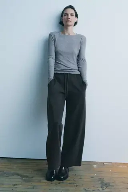 ZARA ФУТБОЛКА В РУБЧИК С ДЛИННЫМИ РУКАВАМИ, СЕРЫЙ С МЕЛАНЖЕВЫМ ЭФФЕКТОМ