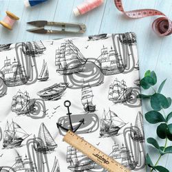 Ткань поплин чёрные эскизы кораблей на белом фоне