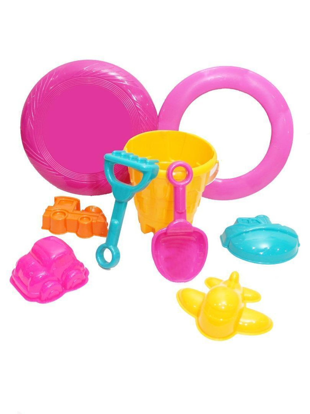 Набор для песка летний №4 ведро+совок+грабли+фрисби+кольцо+4формочки