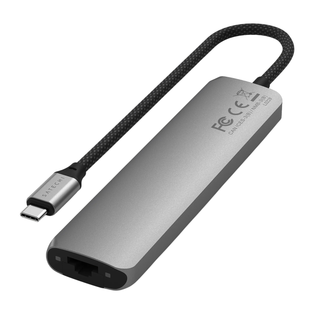 USB-Хаб Satechi Slim Multiport (USB-C) (ST-P7S) Подключение: встроенный кабель USB-C 3.2 Gen 2 с оплёткой. Порты: USB-C (PD 100 Вт), 2 USB-A 3.2 Gen 2, microSD UHS-I, SD UHS-I, HDMI (до 4K 60 Гц), Gigabit Ethernet. Есть LED-индикация