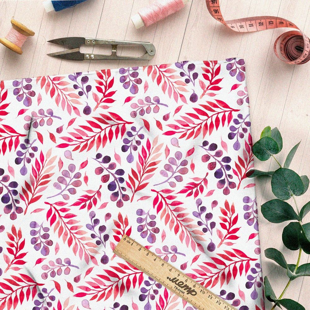 Ткань саржа розовые фиолетовые листья стемпинг