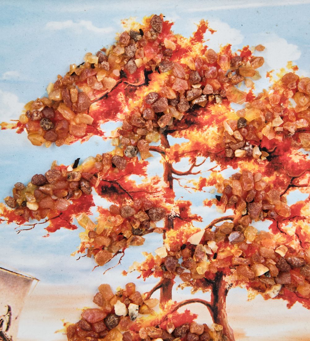 AMB-01/21 Картина «Маяк на закате» (с янтарной крошкой) пласт.рамка 33х42см