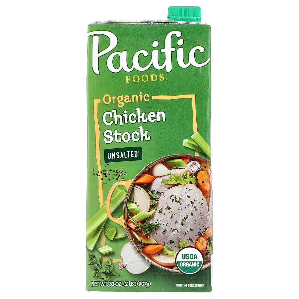 Pacific Foods, органический куриный бульон, несоленый, 907 г (32 жидк. унции)