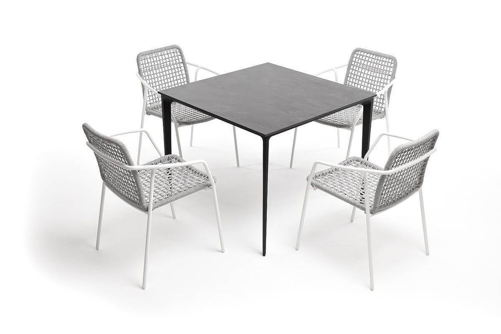 "Малага" обеденная группа на 4 персоны со стульями "Тунис", каркас белый, роуп светло-серый