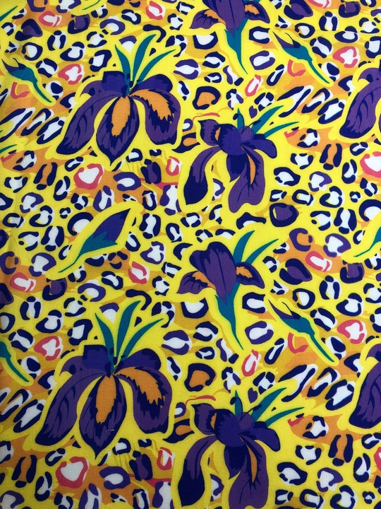 Штапель принт цветы, пятна фиолетов, бирюза на желтом BST3500D29C1