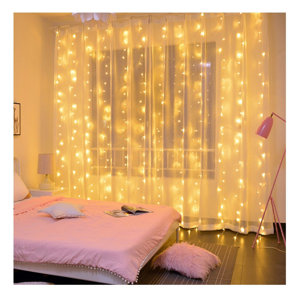 Электрическая светодиодная гирлянда штора, многорежимная, питание 220 в, свечение желтый (теплый белый)