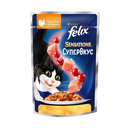 Felix 75г пауч Sensations СуперВкус Влажный корм для кошек Индейка и ягоды