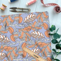 Ткань барби резной оранжевый дуб с жёлудями на голубом фоне