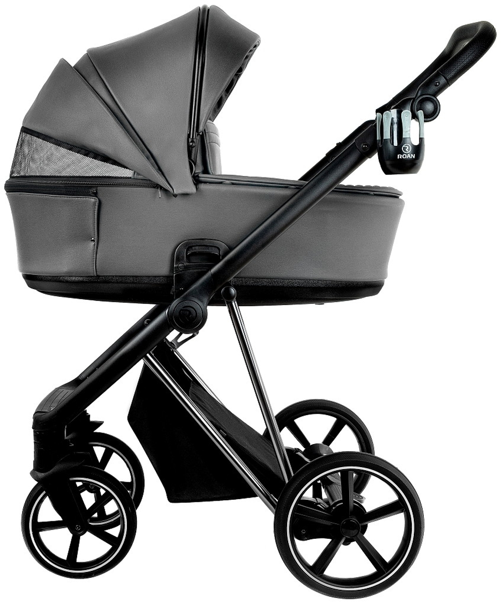 Детская коляска Roan Sol Vintage Luxury Leather 2.0 3 в 1 с автокреслом Tutis Elo Lux EduSky Black VEGA88DB Glacier Gray/Nickel/руч.Black