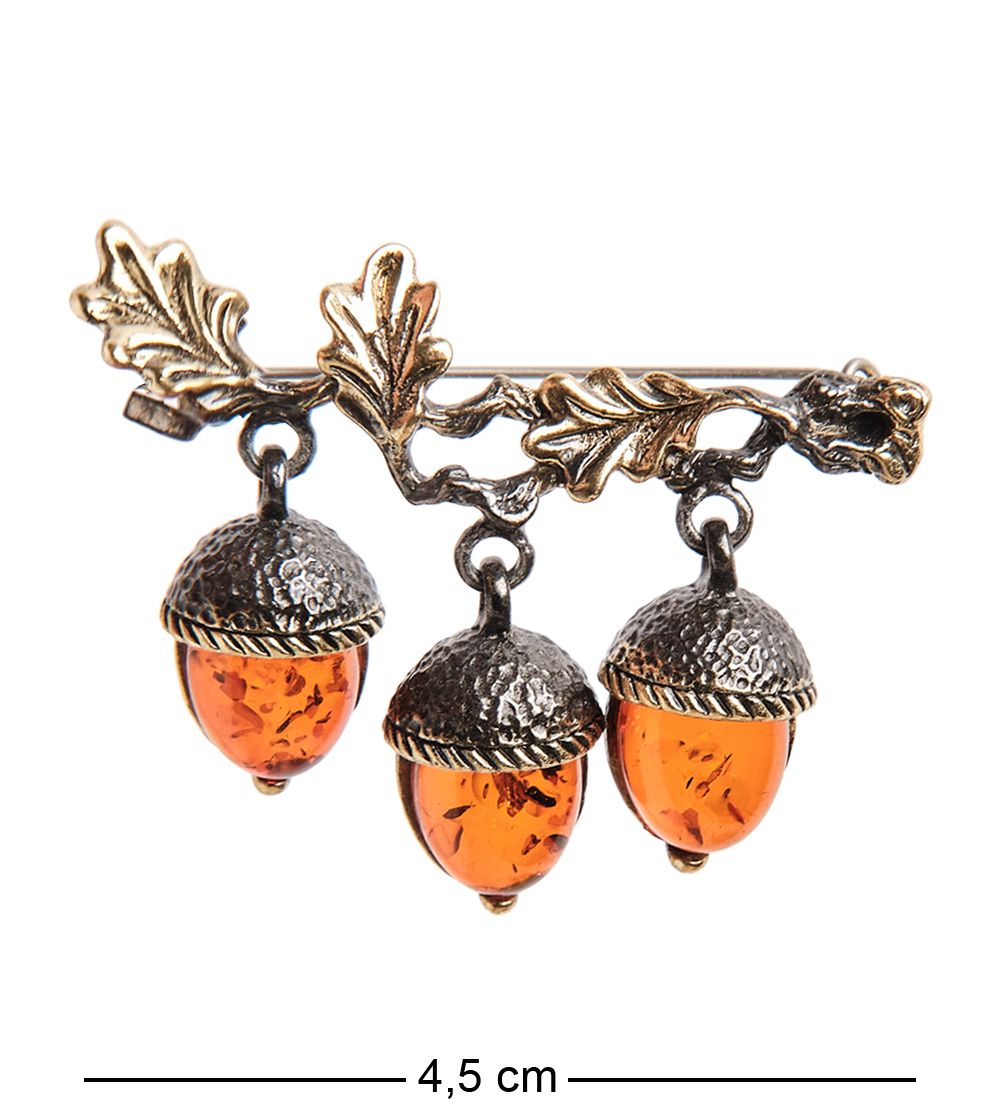 AM-2084 Брошь «Веточка Дубовая» (латунь, янтарь)