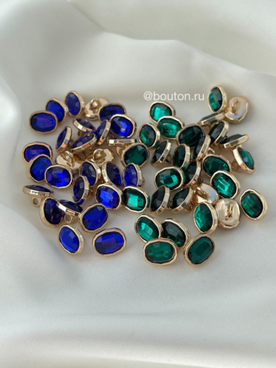Пуговицы стразы зеленые изумруды золото 10х8 мм.