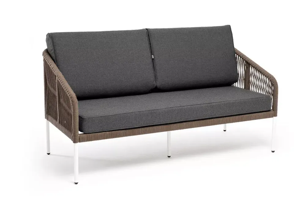 "Канны" диван 2-местный плетеный из роупа, каркас алюминий белый, роуп коричневый круглый, ткань серая