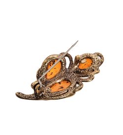 AM-2574 Брошь «Винтажный листик» (латунь, янтарь)