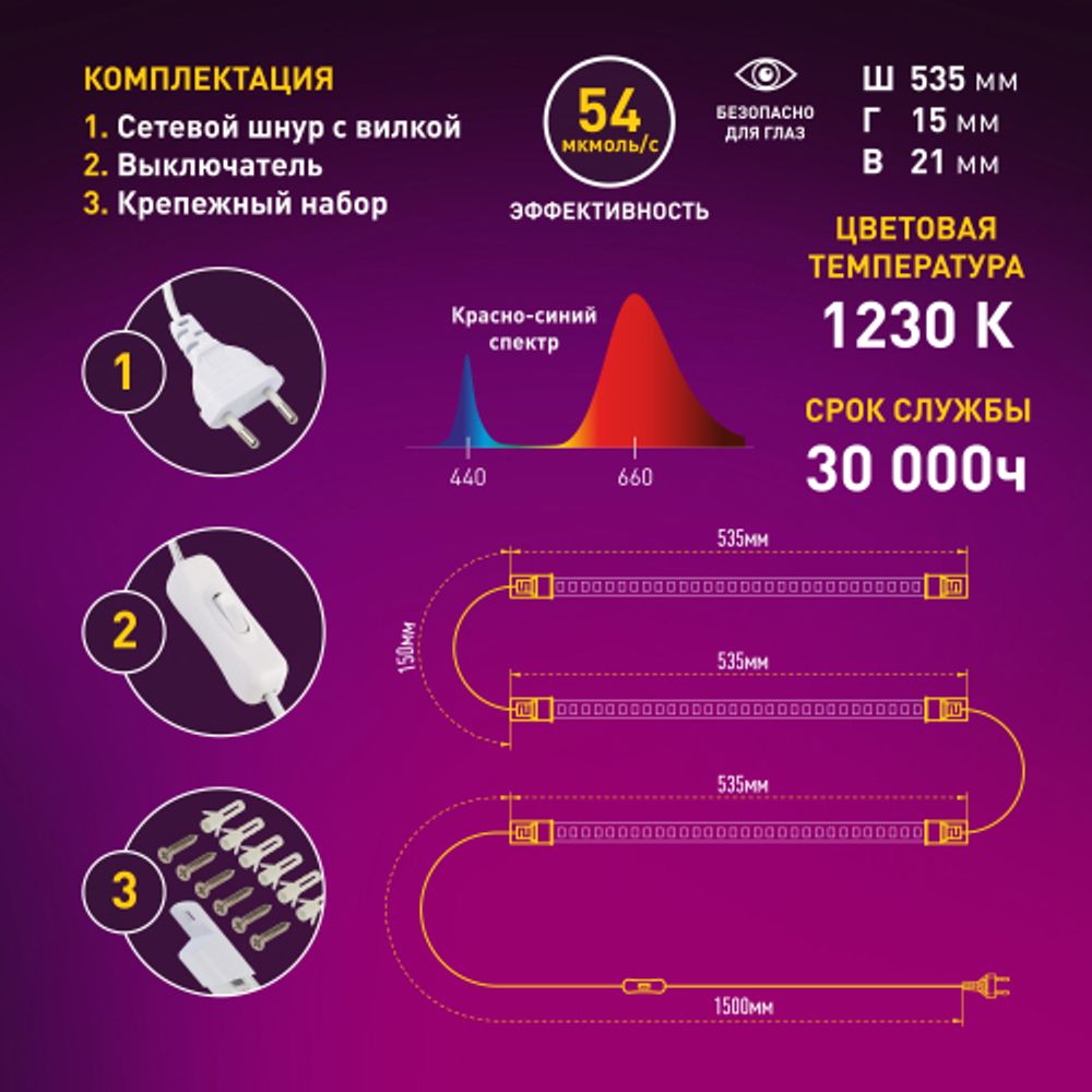 Модульный светильник для растений ЭРА FITO-3х10W-LINE-RB90 красно-синего спектра 30 Вт