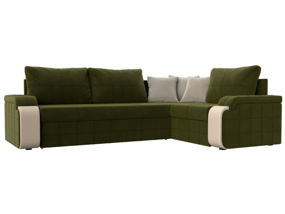 Диван угловой Николь правый угол, Зеленый\Бежевый\бежевый, Микровельвет\Экокожа, 29378
