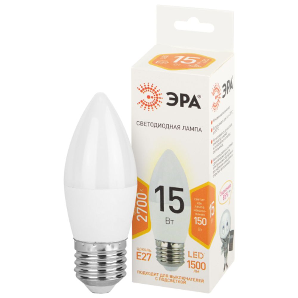 Лампа светодиодная ЭРА STD LED B35-15W-827-E27 E27 15 Вт свеча теплый белый свет | Лампы cветодиодные Свеча (B/C)
