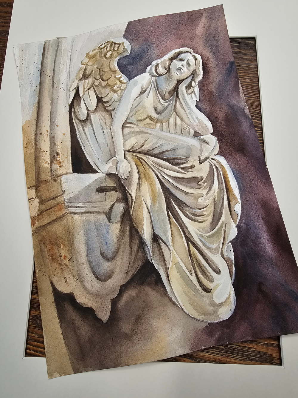 Картина авторская акварельная в паспарту 30х40 см на стену для интерьера "Ангел ночи"