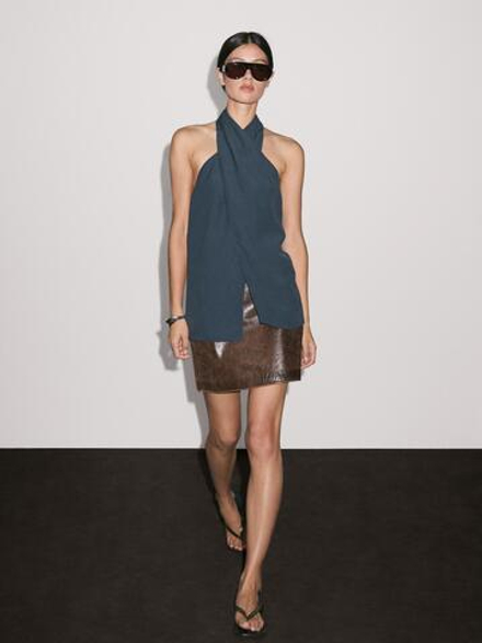 Massimo Dutti Мини-юбка из кожи наппа, коричневый