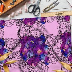 Ткань габардин сине-фиолетовые пёстрые цветы