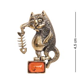AM- 909 Брошь «Кот Сытый» (латунь, янтарь)